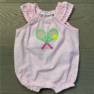 Mud Pie Pink Striped Baby Romper with Tennis Racket Design